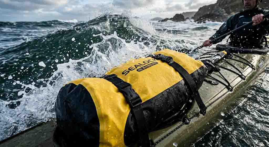 Heavy duty waterproof duffel bag for kayaking tied down onto the deck rigging during ocean navigation